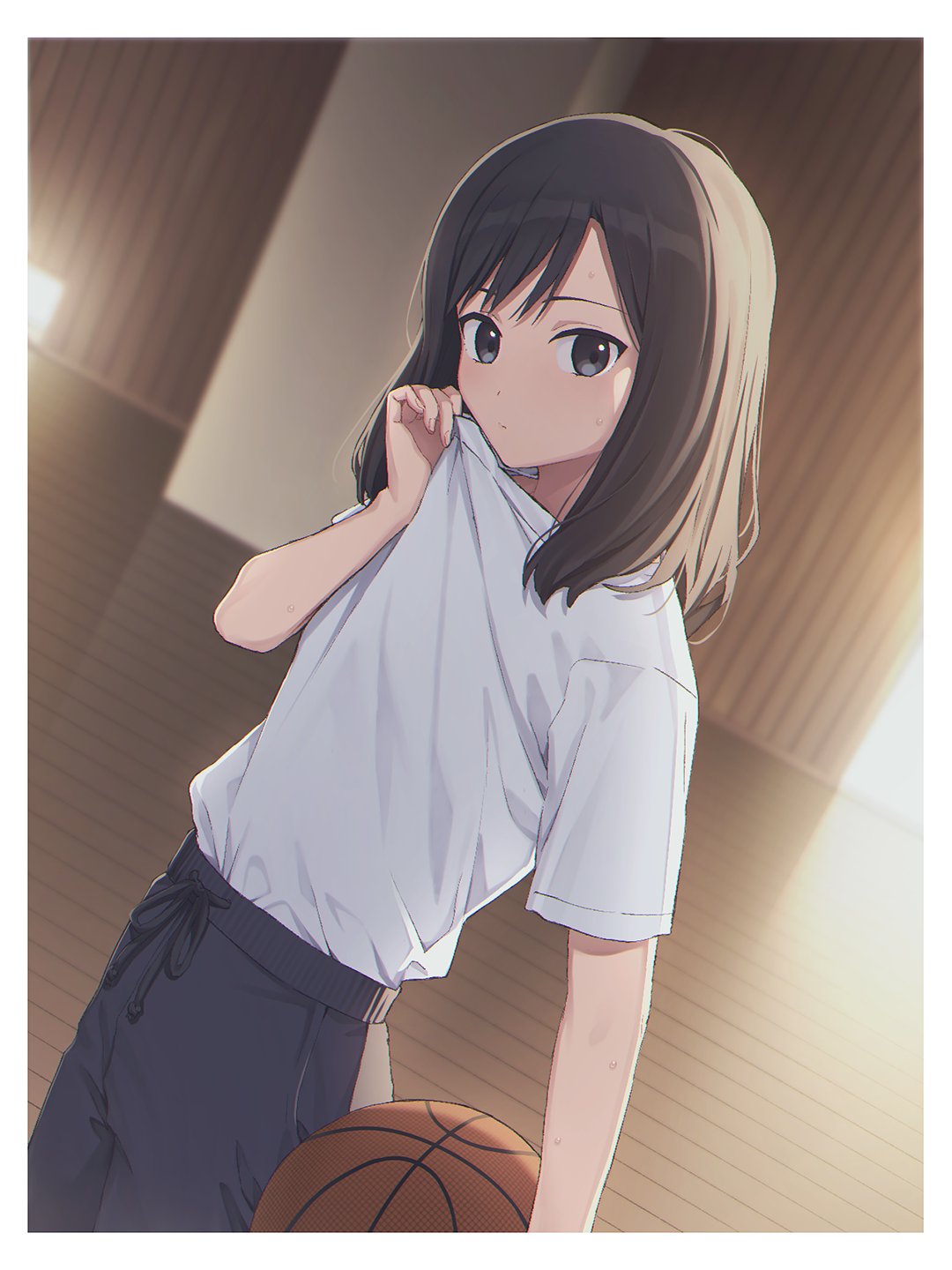 1girl, ball, basketball_(object), black_eyes, black_hair, black_pants, border, collar_tug