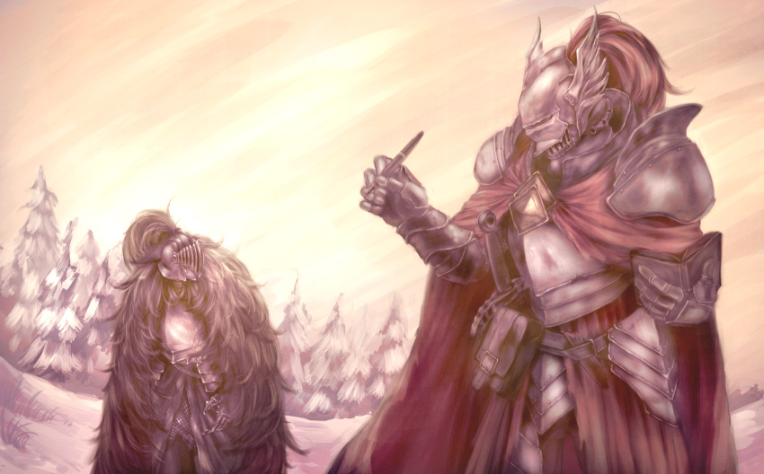 absurdres, arm_armor, armor, black_cape, black_souls, black_souls_2, book, cape, carnacki_(black_souls), commentary, english_commentary, forest, full_armor, fur_trim, grimm_(black_souls), highres, holding, holding_book, knight, nature, novemdecim, pen, red_cape, shoulder_armor, sky, snow, spruce, sunset