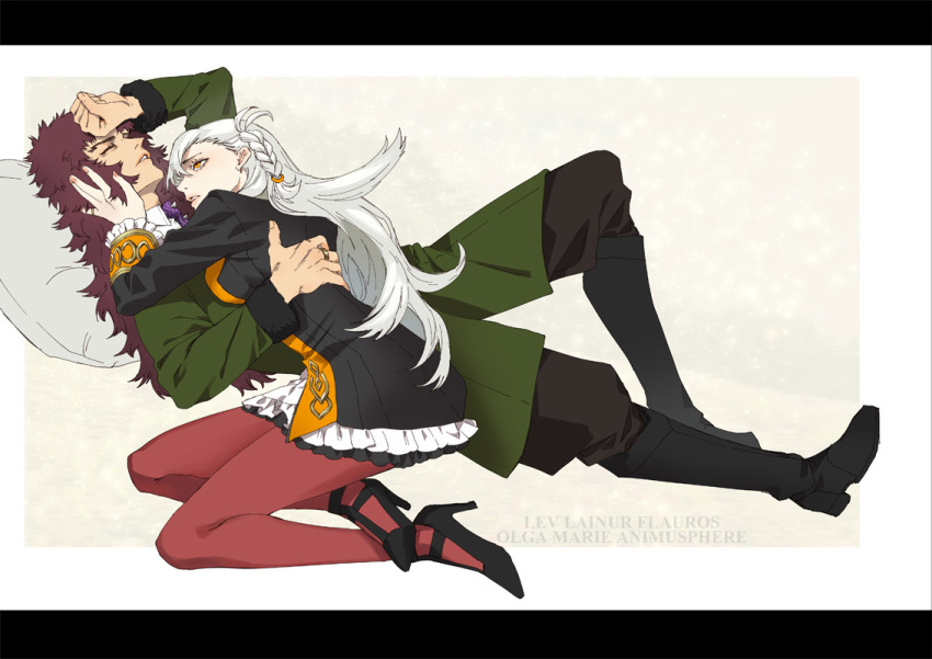 1boy, 1girl, black_boots, boots, braid, breasts, brown_hair, brown_pants, chaldea_logo, character_name, closed_eyes, coat, english_text, fate/grand_order, fate_(series), frilled_skirt, frilled_sleeves, frills, full_body, fur-trimmed_sleeves, fur_trim, green_coat, hand_in_another's_hair, hand_on_another's_back, hetero, high_heels, jewelry, lev_lainur_flauros, levolysm, long_hair, long_sleeves, looking_at_another, lying, medium_breasts, olga_marie_animusphere, on_back, on_person, orange_pantyhose, outside_border, pants, pantyhose, parted_lips, pillow, ring, short_braid, side_braid, skirt, white_hair