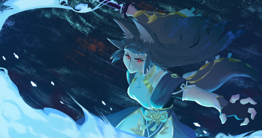 1girl, animal_ear_fluff, animal_ears, asymmetrical_sleeves, black_dress, black_gloves, black_hair, breasts