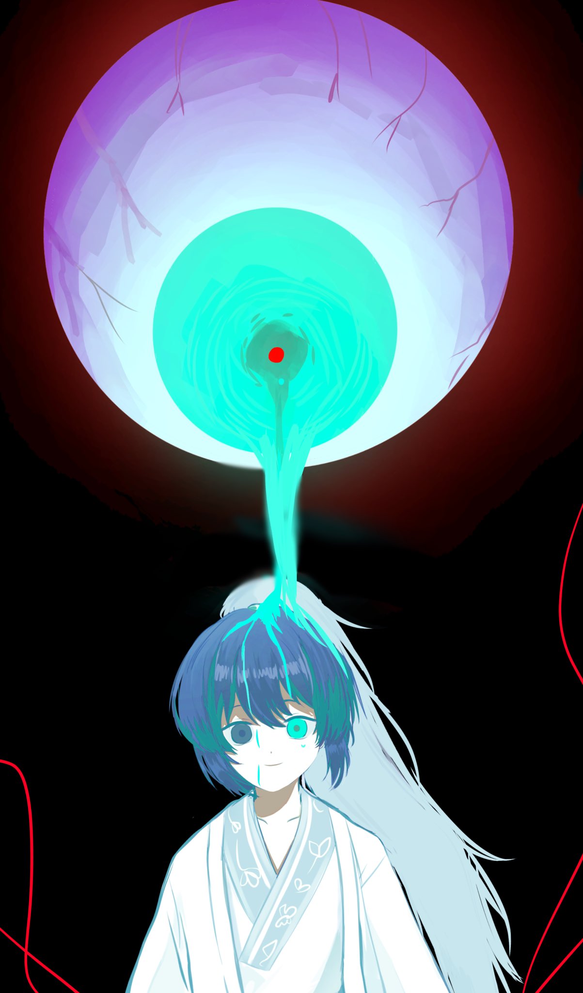 1boy, aged_down, aqua_eyes, black_background, black_eyes, blank_stare, blue_hair, child, chinese_clothes, commentary, disembodied_eye, dripping, eye_focus, glowing, haneetyann, hanfu, heterochromia, high_ponytail, highres, hong_lu_(project_moon), limbus_company, long_hair, male_focus, ponytail, project_moon, smile, solo, string, string_of_fate, upper_body, white_hanfu