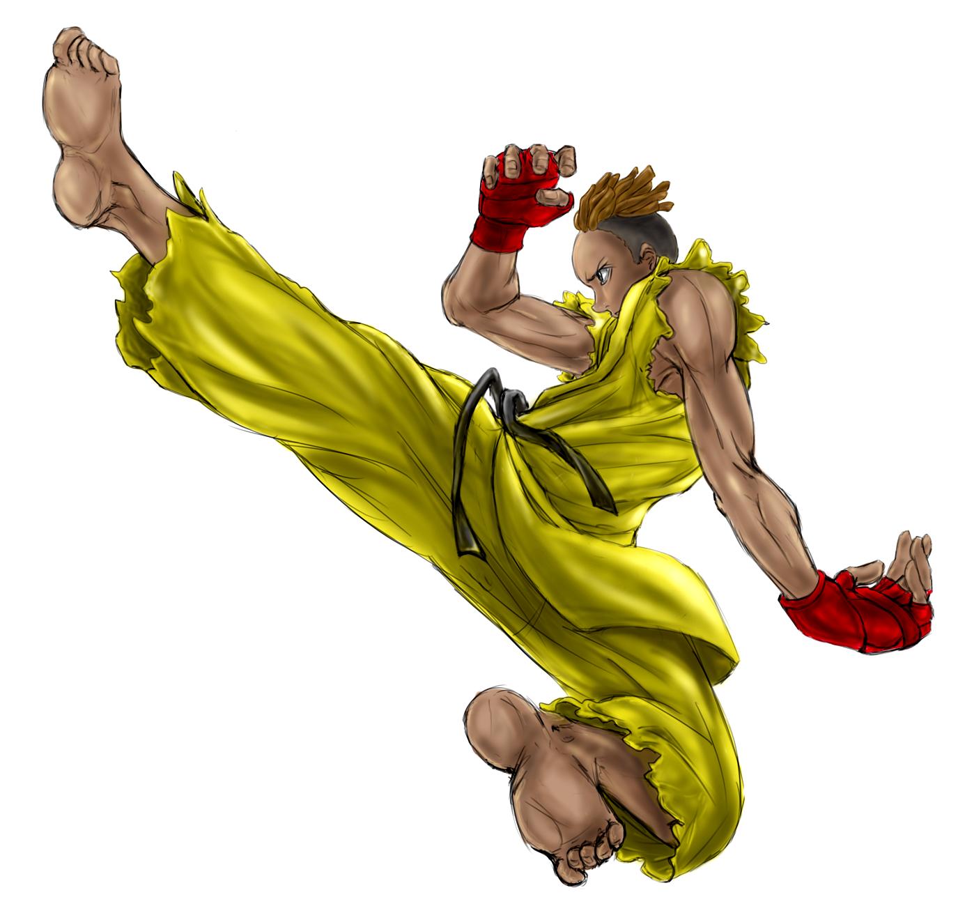 brown_hair, capcom, dark_skin, dougi, dreadlocks, fingerless_gloves, flying_kick, freeride-art, gloves, hairlocs, highres, kicking, muscle, sakoda_takashi, sean_matsuda, solo, street_fighter, street_fighter_iii