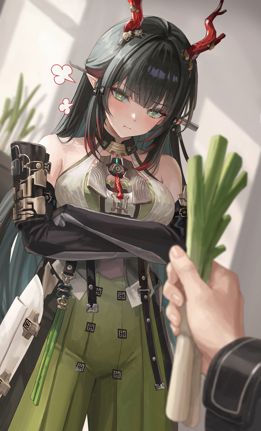 1girl, 1other, :t, arknights, arknights:_endfield, bare_shoulders, black_hair, blush