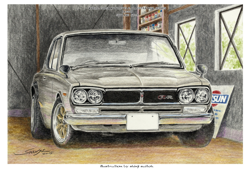 artist_name, border, car, colored_pencil_(medium), commentary_request, dated, garage, grey_car