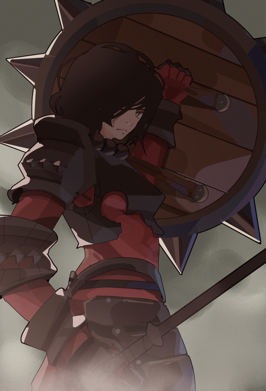 1girl, absurdres, armor, berengaria_(unicorn_overlord), bikini_armor, black_armor, black_hair, bodysuit, boobplate, boogiedraws, breastplate, breasts, commentary, couter, english_commentary, grey_eyes, hair_over_one_eye, highres, holding, holding_shield, holding_weapon, looking_at_viewer, one_eye_closed, pauldrons, red_bodysuit, scar, scar_across_eye, scar_on_face, shield, short_hair, shoulder_armor, shoulder_plates, small_breasts, solo, spiked_pauldrons, spiked_shield, spikes, unicorn_overlord, weapon