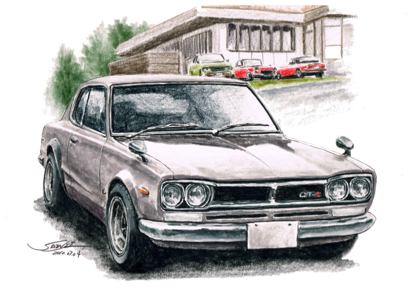 building, car, colored_pencil_(medium), commentary_request, dated, day, green_car, grey_car