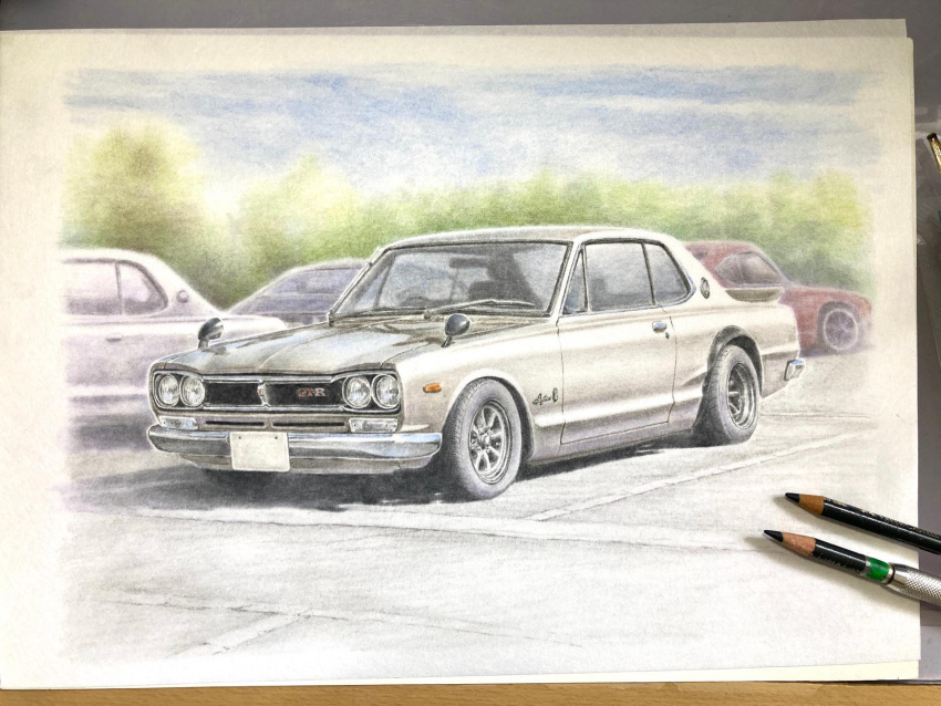 art_tools_in_frame, car, colored_pencil, colored_pencil_(medium), commentary_request, day, grey_car, highres
