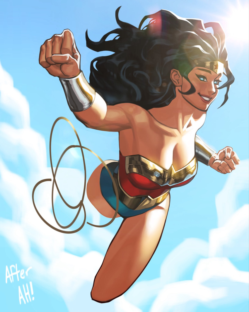 1girl, amazon_warrior, black_hair, bracer, breasts, dc_comics, gold_bracer, gold_tiara