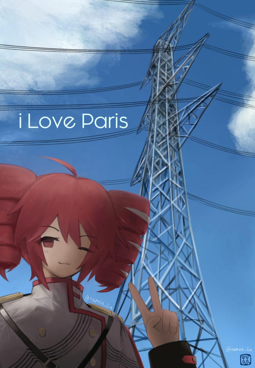 1girl, ;3, ahoge, artist_name, buttons, commentary, double-breasted, drill_hair, english_commentary, english_text, grey_jacket, hair_between_eyes, highres, i_love_paris_(meme), jacket, kasane_teto, kasane_teto_(sv), looking_at_viewer, meme, one_eye_closed, outdoors, power_lines, ramen_lin, red_eyes, red_hair, red_trim, selfie, shoulder_belt, shoulder_boards, sky, solo, synthesizer_v, transmission_tower, twin_drills, twitter_username, upper_body, utau, v