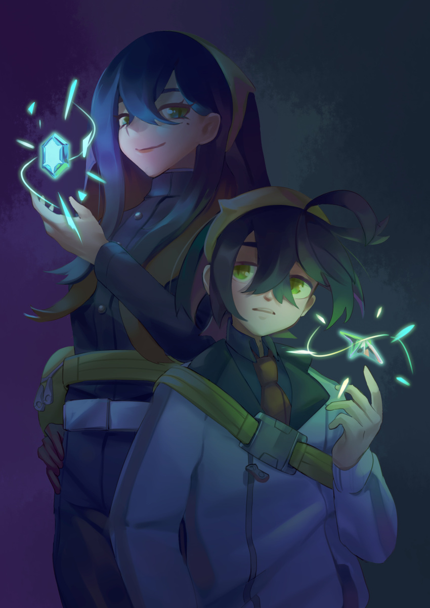 1boy, 1girl, absurdres, ahoge, belt, black_hair, blueberry_academy_school_uniform, brother_and_sister
