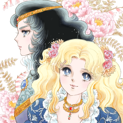 black_hair, blonde_hair, blue_eyes, character_request, flower, glass_no_kamen, hair_flower, hair_ornament, himekawa_ayumi, jewelry, kitajima_maya, lowres, necklace, oekaki, peony_(flower), profile, rose, sakai_yume, smile, tiara