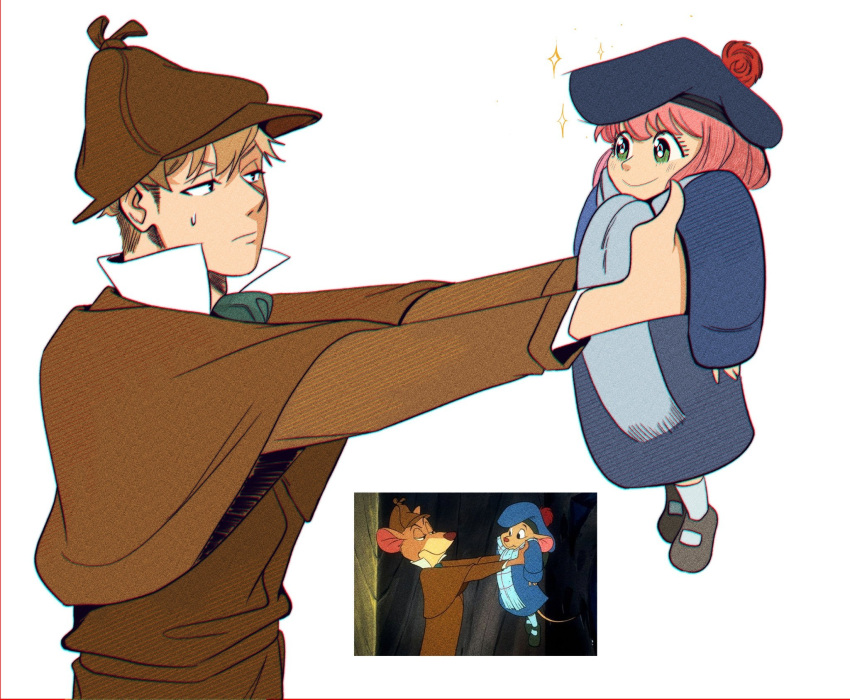 1boy, 1girl, anya_(spy_x_family), arms_at_sides, basil_(the_great_mouse_detective), basil_(the_great_mouse_detective)_(cosplay), black_shoes, blue_hat