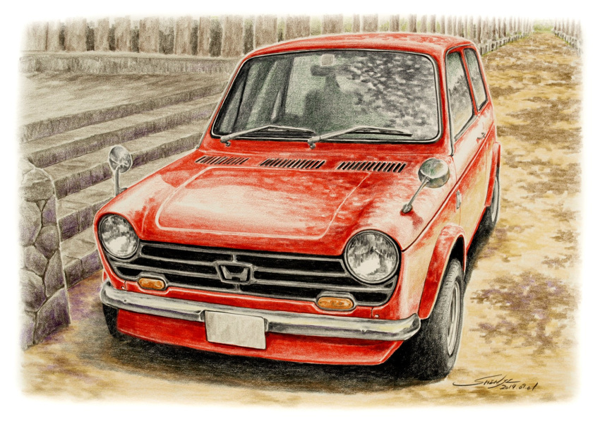 border, car, colored_pencil_(medium), commentary_request, dated, day, highres, honda