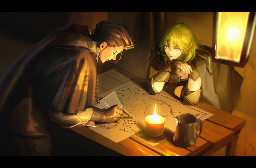 1boy, 1girl, black_cape, black_gloves, black_hair, candle, candlelight, cape, charleston, claude_von_riegan, claude_von_riegan_(timeskip), female_byleth_(awakened)_(fire_emblem), female_byleth_(fire_emblem), fire_emblem, fire_emblem:_three_houses, gloves, green_hair, highres, indoors, long_hair, short_hair, table