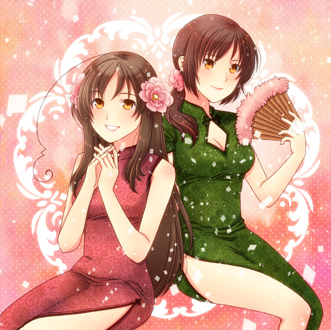 ahoge, axis_powers_hetalia, bare_shoulders, breasts, brown_eyes, brown_hair, china_dress, chinadress, chinese_clothes, cleavage, cleavage_cutout, fan, flower, hair_flower, hair_ornament, kourai_jinjin, long_hair, multiple_girls, oppai, ponytail, side_slit, smile, taiwan_(hetalia), vietnam_(hetalia)