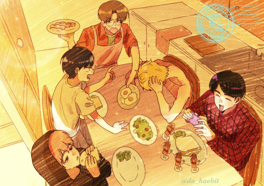 5boys, absurdres, apron, black_hair, black_hoodie, blonde_hair, brown_hair, closed_eyes