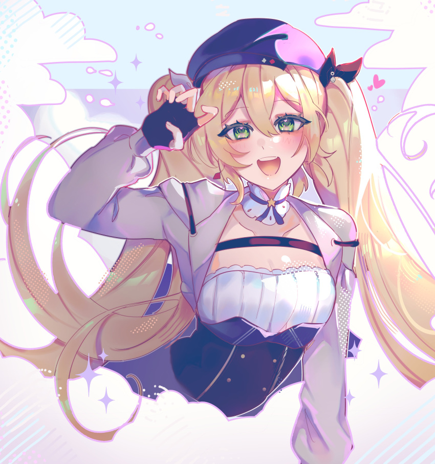 1girl, absurdres, black_gloves, blonde_hair, blue_hat, breasts, choker, commentary