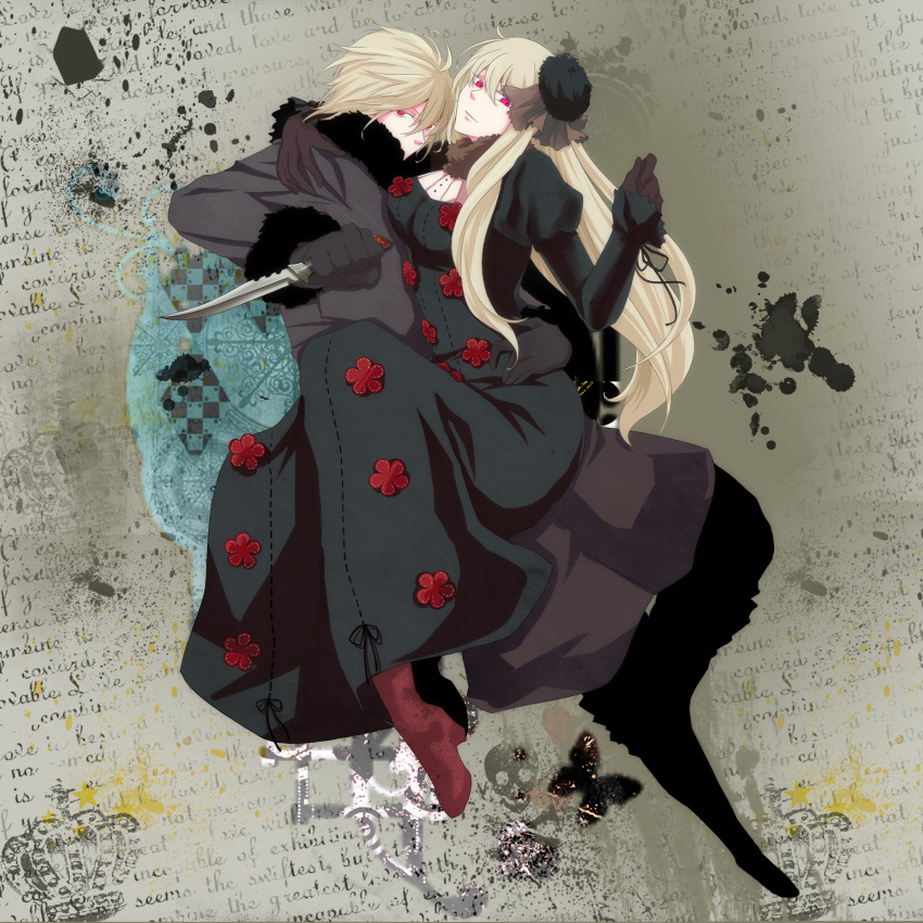 belarus_(hetalia), blonde_hair, boots, breasts, brother_and_sister, butterfly, coat, dress