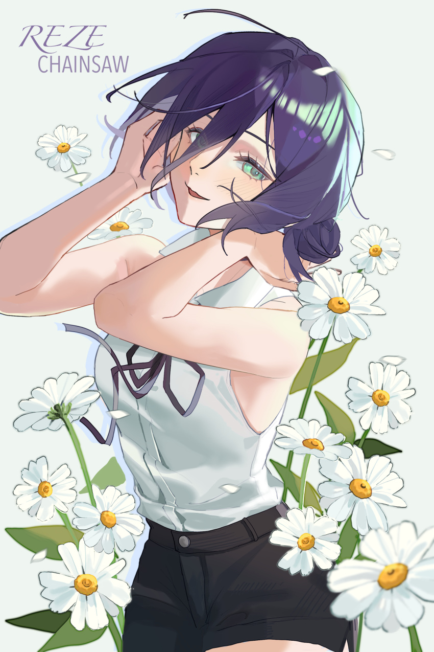 1girl, absurdres, black_ribbon, black_shorts, chainsaw_man, character_name, commentary_request, flower, green_eyes, hair_between_eyes, hair_bun, highres, looking_at_viewer, neck_ribbon, purple_hair, reze_(chainsaw_man), ribbon, shirt, shirt_tucked_in, shorts, shuidi_weiguang, sleeveless, sleeveless_shirt, solo, white_background, white_flower, white_shirt
