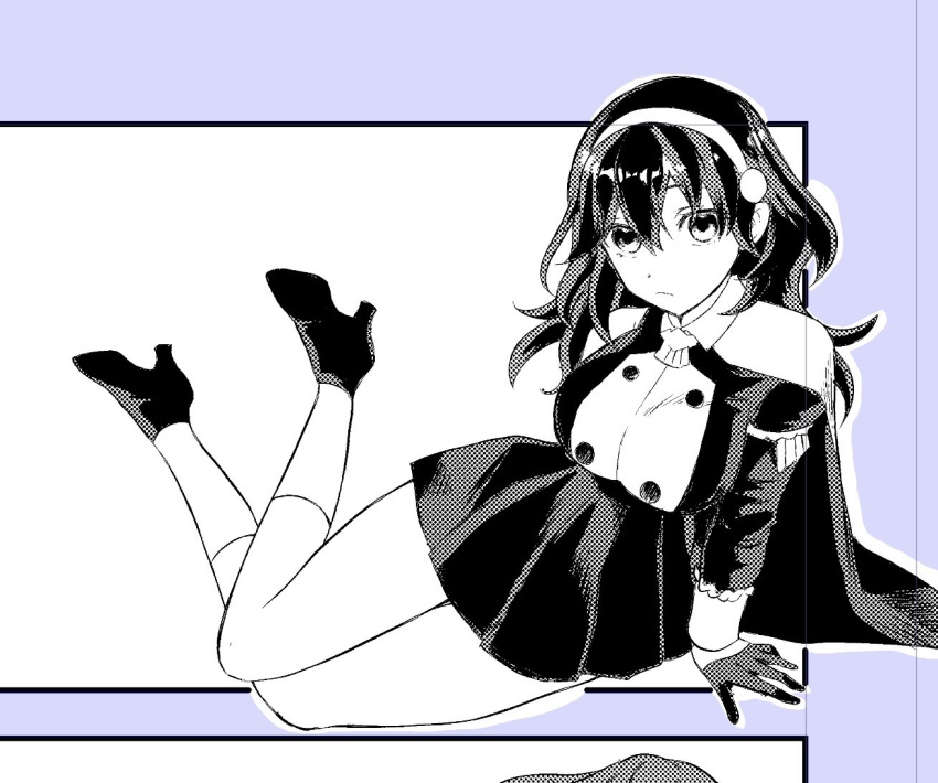 black_cape, black_gloves, black_shirt, black_shoes, black_skirt, breasts, cape, commentary_request