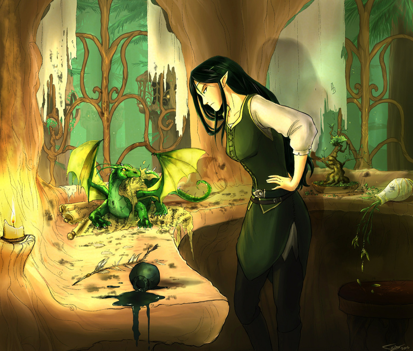 1girl, 1other, angry, arya_(eragon), belt, bench, black_hair, black_pants