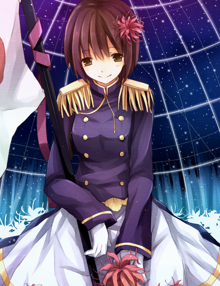 axis_powers_hetalia, bad_id, brown_eyes, brown_hair, cranio, epaulettes, flower, genderswap