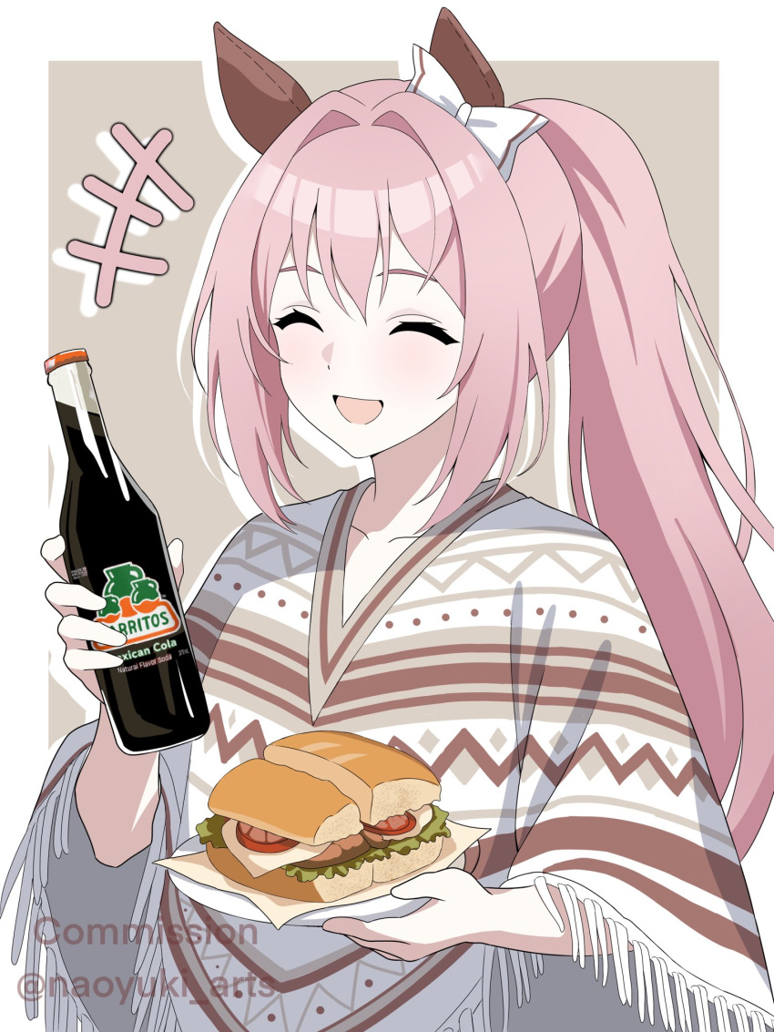 +++, 1girl, alternate_costume, animal_ears, blush, bottle, bow, closed_eyes, collarbone, commentary, ear_bow, ear_covers, english_commentary, food, haru_urara_(umamusume), highres, holding, holding_bottle, holding_plate, horse_ears, horse_girl, jarritos, long_hair, naoyuki_arts, open_mouth, pink_hair, plate, poncho, ponytail, sandwich, smile, solo, umamusume