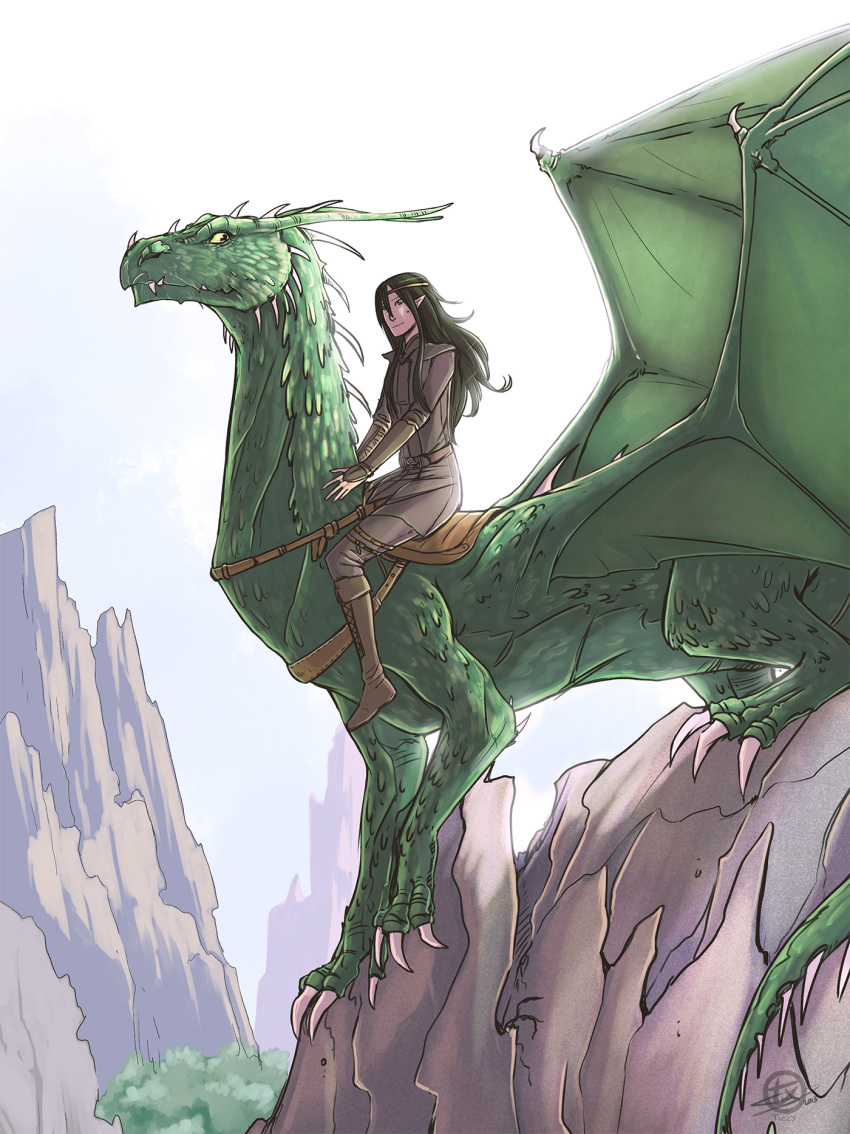 1girl, 1other, arya_(eragon), black_hair, boots, bracer, brown_boots, brown_headband