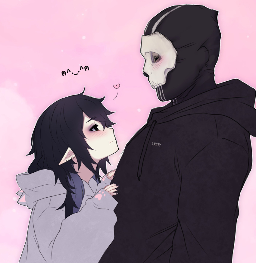 1boy, 1girl, balaclava, black_hair, blush, call_of_duty, call_of_duty:_modern_warfare_2, closed_mouth, colored_inner_hair, couple, eyeshadow, ghost_(modern_warfare_2), heart, highres, houndeater, long_hair, makeup, mask, multicolored_hair, nihil_(houndeater), oc_x_canon, original, pale_skin, pointy_ears, skull_mask, vampire