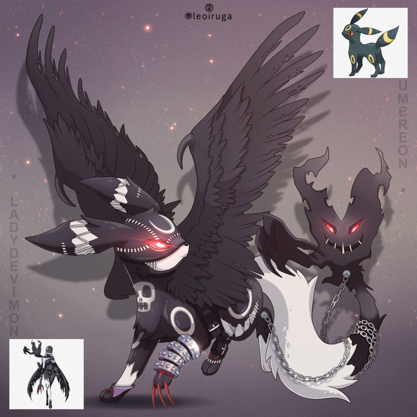 :3, animal_focus, artist_name, black_fur, black_wings, chain, character_name, claws, digimon, facial_mark, feathered_wings, forehead_mark, full_body, fusion, grey_background, highres, ladydevimon, leoiruga, no_humans, official_art_inset, pokemon, pokemon_(creature), pokemon_focus, red_eyes, simple_background, skull, solo, standing, umbreon, white_fur, wings, wrist_cuffs