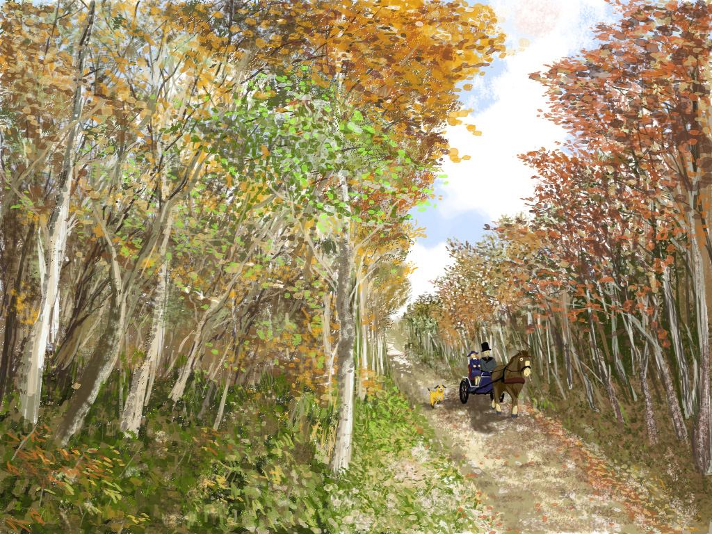 baron_(perrine), carriage, forest, horse, nature, perrine_monogatari, perrine_paindavoine, perrine_pandaboanu