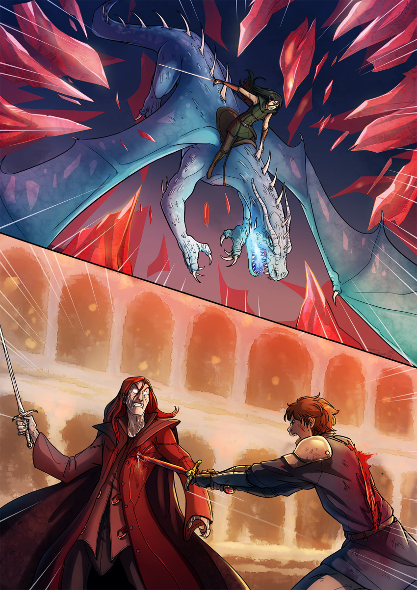 1girl, 1other, 2boys, armor, arya_(eragon), battle, belt, black_hair