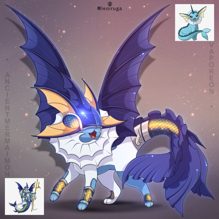 :d, ancientmermaimon, animal_focus, artist_name, blue_fur, blue_helmet, blue_wings, character_name, covered_eyes, digimon, digimon_(creature), fangs, fins, fish_tail, full_body, fusion, head_fins, helmet, helmet_over_eyes, highres, leoiruga, looking_at_viewer, no_humans, official_art_inset, open_mouth, pokemon, pokemon_(creature), pokemon_focus, simple_background, smile, solo, standing, tail, vaporeon, white_fur, wings