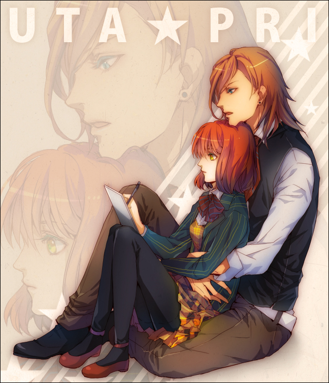 1girl, blazer, couple, dress, hituzi, jinguuji_ren, jumper, mary_janes, nanami_haruka, orange_hair, pantyhose, plaid, plaid_dress, red_shoes, school_uniform, shoes, sitting, sitting_on_lap, sitting_on_person, uta_no_prince-sama, vest, waist_hold, writing