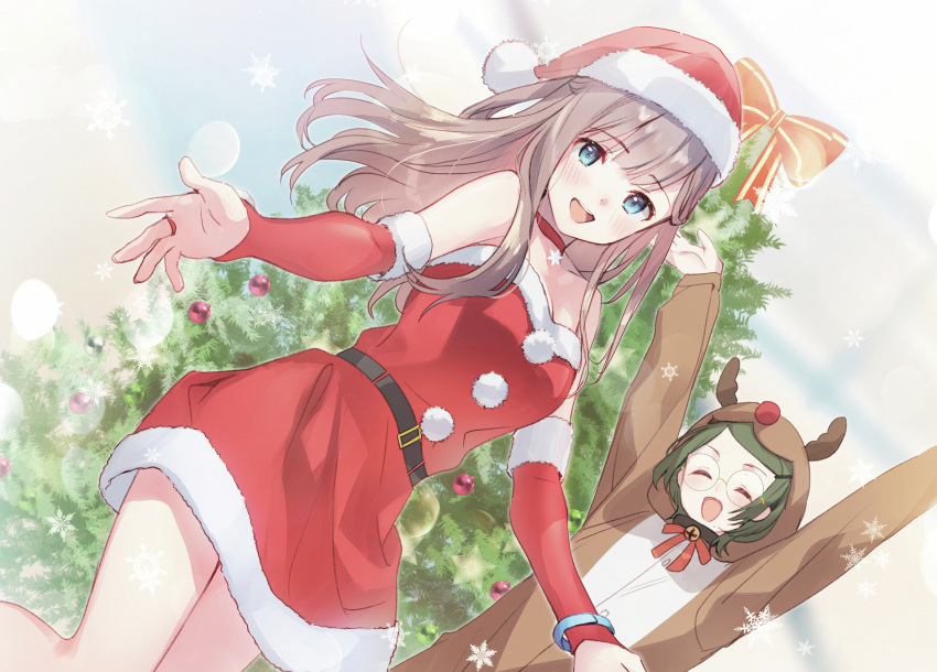 2girls, :d, animal_costume, arms_up, blue_eyes, blush, brown_hair, choker