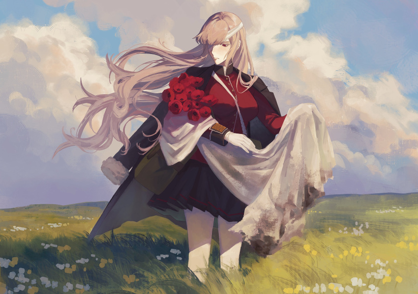 1girl, absurdres, bandage_over_one_eye, belt, black_coat, black_skirt, blue_sky, closed_mouth