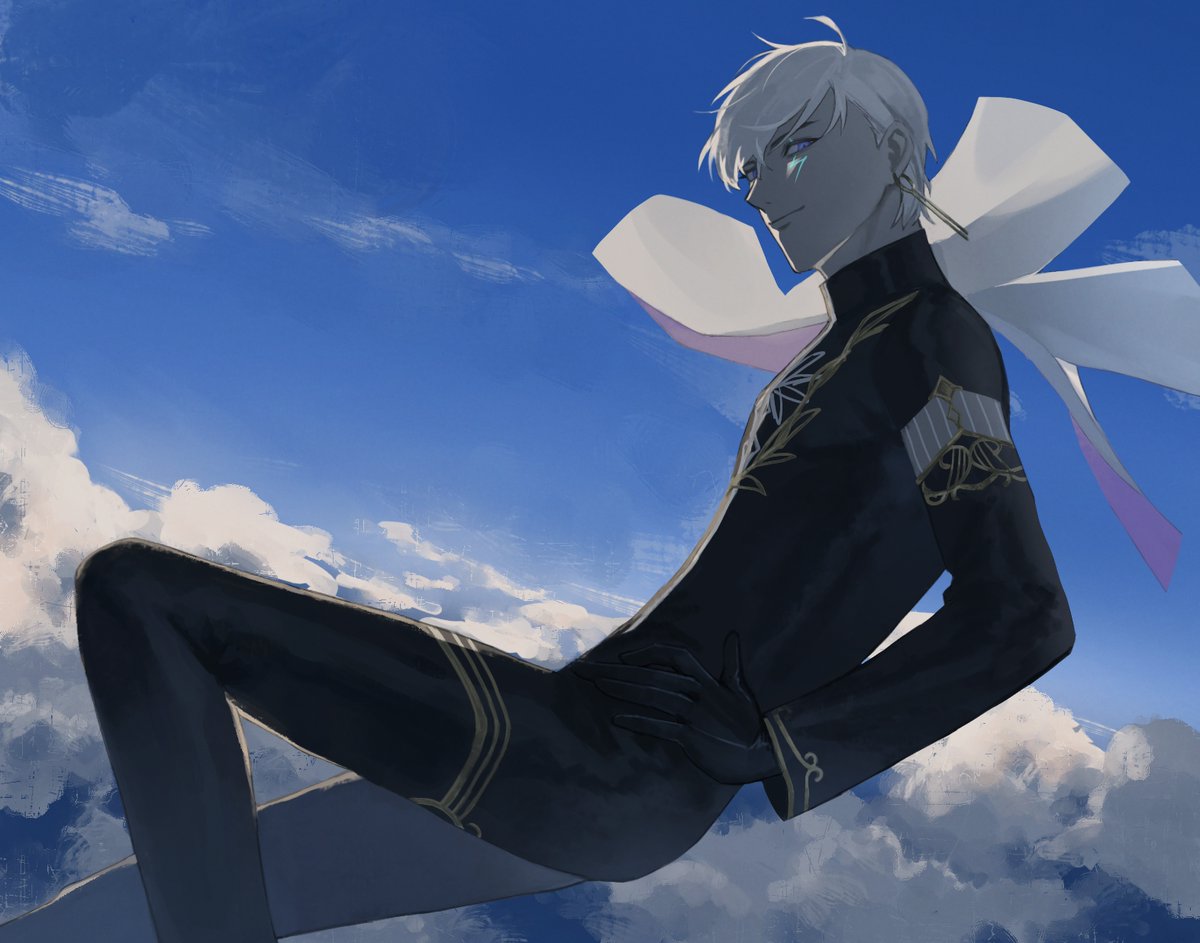 1boy, black_gloves, black_jacket, black_pants, blue_eyes, blue_sky, capelet, closed_mouth