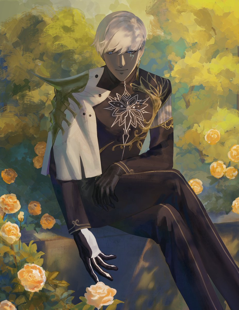 1boy, black_gloves, black_jacket, black_pants, blue_eyes, bush, capelet, closed_mouth, colored_skin, commentary_request, crossed_legs, day, earrings, facial_mark, fate/grand_order, fate_(series), feet_out_of_frame, flower, gloves, grey_skin, highres, indra_(fate), jacket, jewelry, kansoku_(shiki212121), lightning_bolt_facial_mark, lightning_bolt_symbol, long_sleeves, looking_at_flowers, looking_down, male_focus, orange_flower, orange_rose, outdoors, pants, rose, short_hair, side_capelet, single_earring, sitting, solo, turtleneck, turtleneck_jacket, white_capelet, white_hair