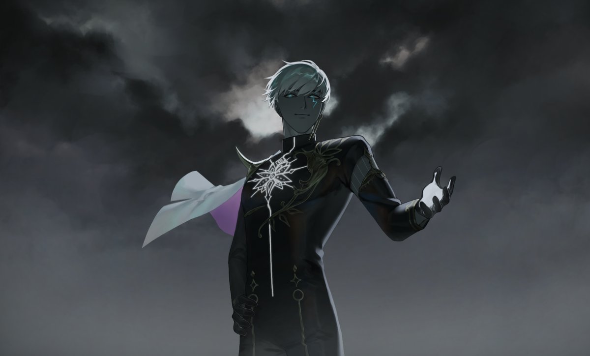 1boy, black_gloves, black_jacket, black_pants, blue_eyes, capelet, closed_mouth, clouds