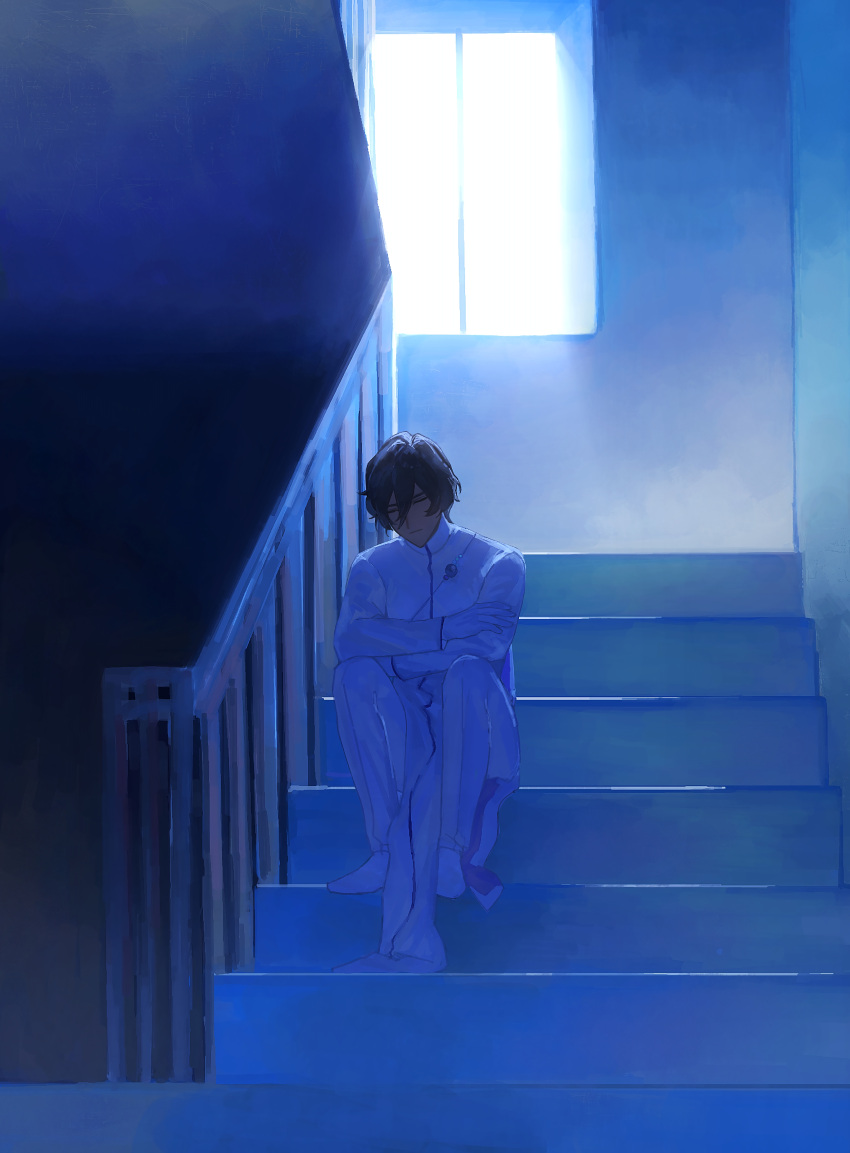 1boy, absurdres, arjuna_(fate), arjuna_(second_ascension)_(fate), black_hair, closed_eyes, closed_mouth, coat, commentary, crossed_arms, dark-skinned_male, dark_skin, facing_viewer, fate/grand_order, fate_(series), gloves, hair_between_eyes, hand_on_own_arm, highres, indoors, kansoku_(shiki212121), knees_up, long_sleeves, male_focus, pants, railing, shoes, short_hair, sitting, sitting_on_stairs, solo, stairs, turtleneck, turtleneck_coat, white_coat, white_gloves, white_pants, white_shoes, wide_shot, window