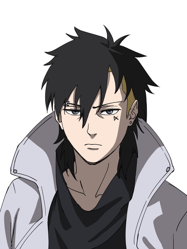 1boy, black_eyes, black_hair, blonde_hair, boruto:_two_blue_vortex, boruto_(series), coat, earrings, eyebrow_piercing, face_piercing, facial_tattoo, frown, jewelry, kawaki_(boruto), male_focus, multicolored_hair, naruto_(series), piercing, portrait, solo, stud_earrings, tattoo, two-tone_hair, undercut, wahyuu_draww, white_coat