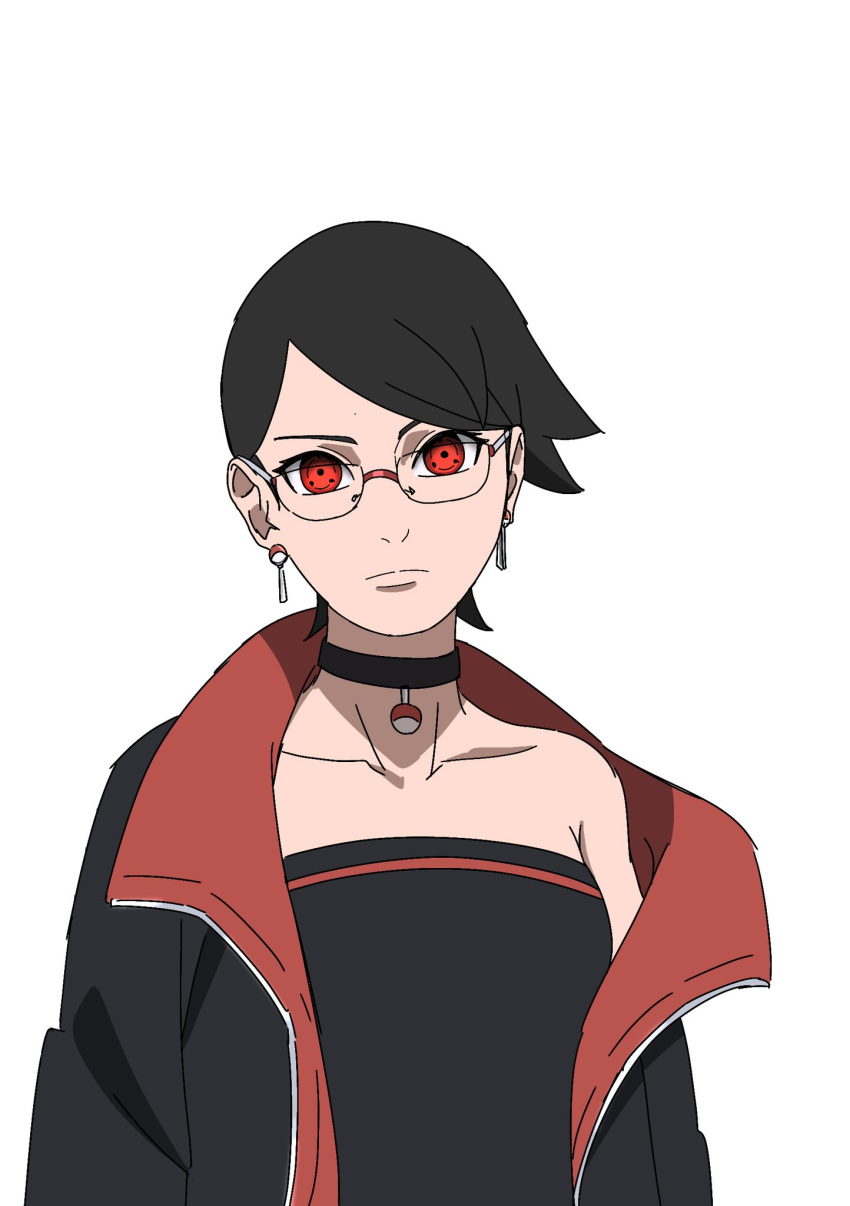 1girl, anime_coloring, black_choker, black_hair, black_jacket, boruto:_two_blue_vortex, boruto_(series), breasts, choker, collarbone, expressionless, glasses, highres, jacket, light_frown, looking_at_viewer, naruto_(series), official_style, sharingan, short_hair, small_breasts, solo, strapless, uchiha_sarada, uchiha_symbol, upper_body, wahyuu_draww