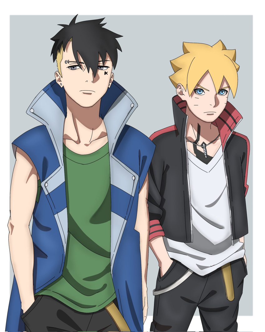 2boys, adoptive_siblings, black_eyes, black_hair, black_jacket, blonde_hair, blue_eyes, blue_vest