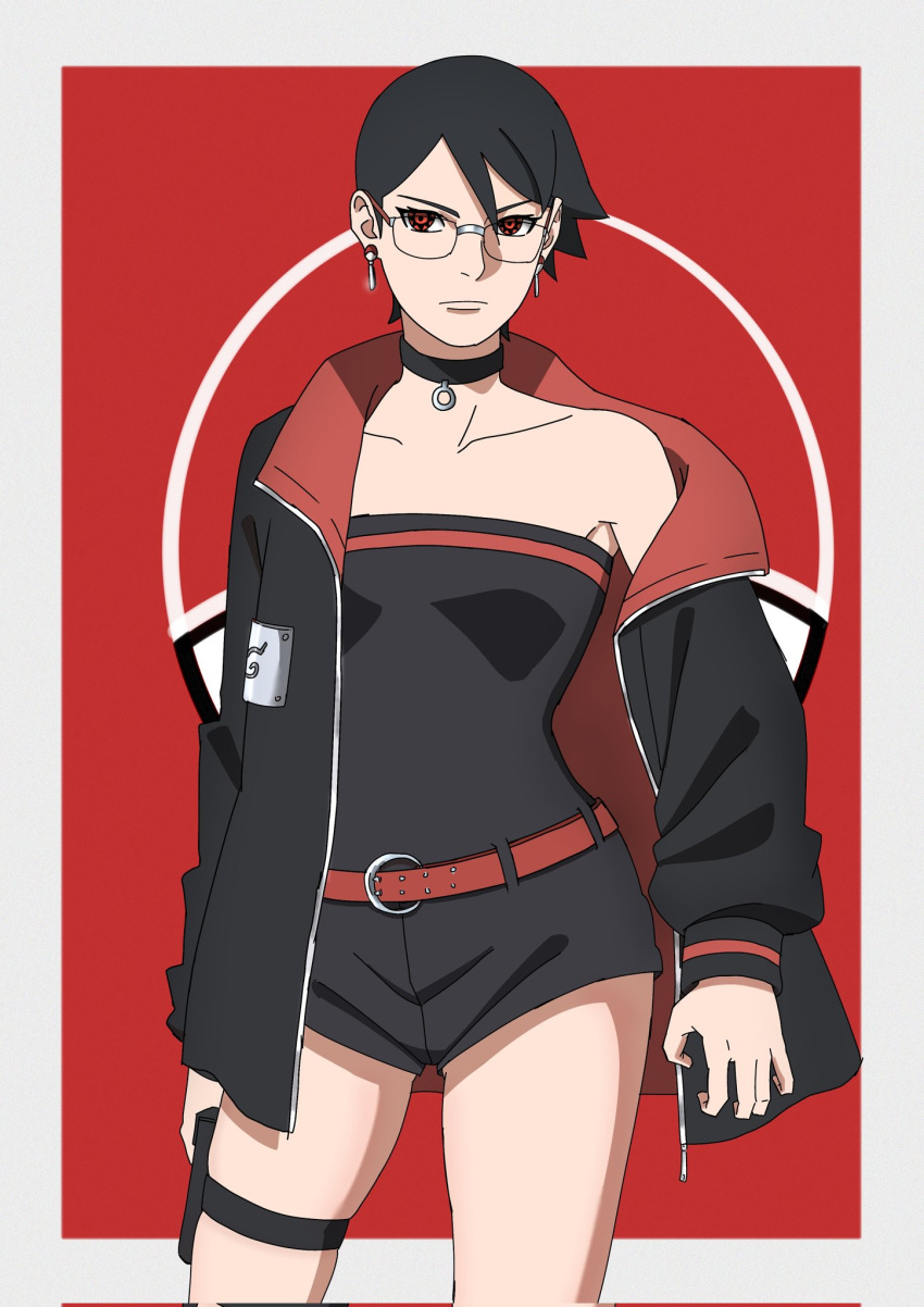 1girl, anime_coloring, black_choker, black_hair, black_jacket, black_romper, boruto:_two_blue_vortex, boruto_(series)