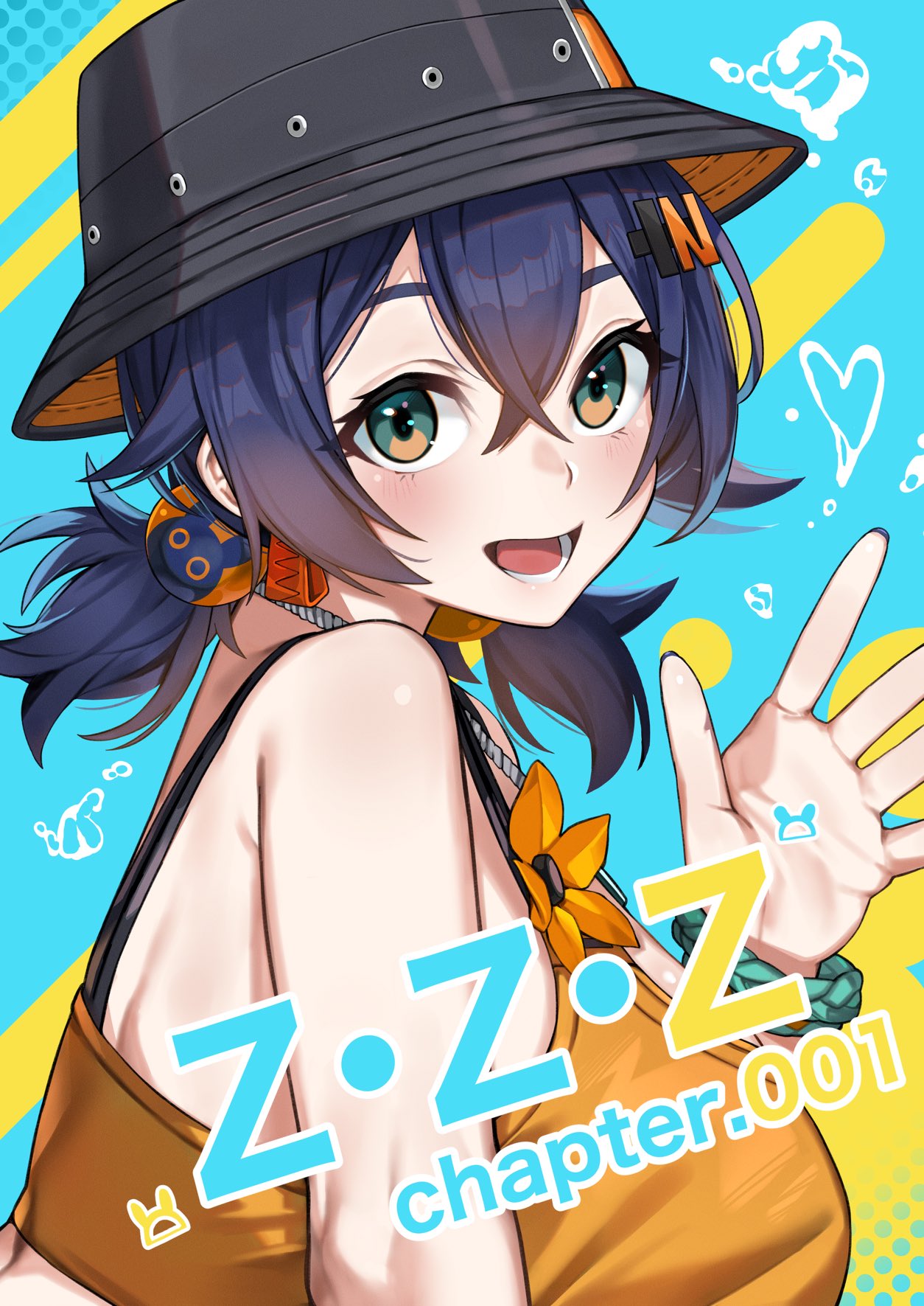 1girl, aqua_background, belle_(summer_skies)_(zenless_zone_zero), belle_(zenless_zone_zero), black_hat, blue_hair, blush, bracelet