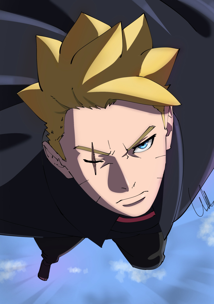 1boy, absurdres, black_cape, black_pants, blonde_hair, blue_eyes, boruto:_two_blue_vortex, boruto_(series)