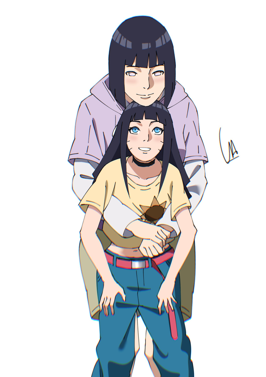 1boy, 1girl, absurdres, black_choker, black_hair, blue_eyes, blue_pants, blunt_bangs
