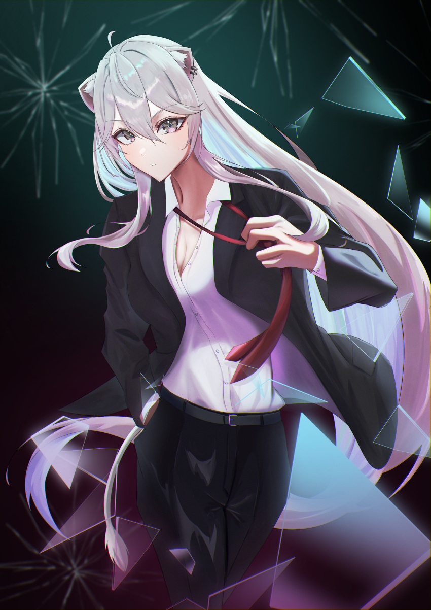 1girl, absurdres, ahoge, alternate_costume, animal_ear_piercing, animal_ears, black_pants, closed_mouth