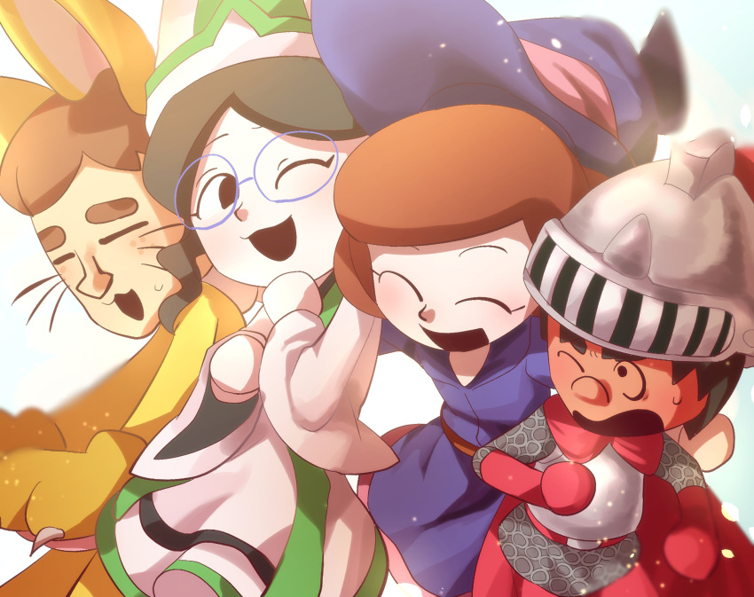 2boys, 2girls, :3, ;d, =_=, animal_costume, animal_ears, armor