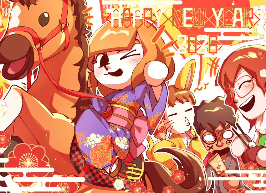 >_o, 2026, 2boys, 2girls, :3, =_=, animal_ears, blush, bowl, brown_hair, cat_(miitopia), cat_boy, cat_ears, chinese_zodiac, chopsticks, closed_eyes, commentary_request, english_text, eyelashes, fake_animal_ears, floral_print, floral_print_kimono, food, green_kimono, grey_kimono, highres, holding, holding_bowl, holding_chopsticks, horse_(miitopia), horseback_riding, japanese_clothes, kimono, mii_(nintendo), miitopia, multiple_boys, multiple_girls, new_year, no_sclera, notice_lines, o3o, o_o, obi, one_eye_closed, open_mouth, outline, pink_sash, print_kimono, purple_kimono, red-framed_eyewear, riding, rikka_natsu_27, saddle, sash, short_hair, smile, teeth, upper_teeth_only, whiskers, white_outline, year_of_the_horse, yellow_kimono